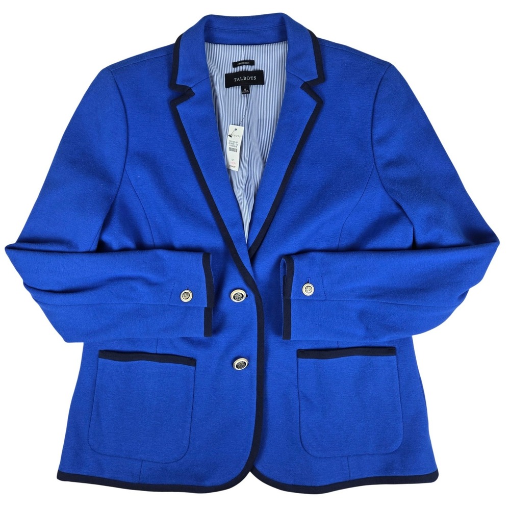 Talbots Pique Aberdeen Blazer Royal Blue Contrast Trim Crest Button Size 12 NEW